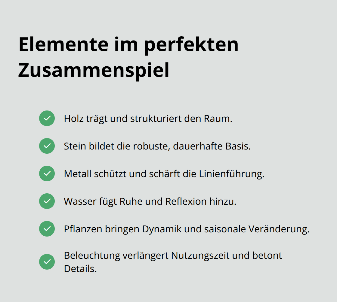 Zusammenspiel von Holz, Stein, Metall, Wasser, Pflanzen und Licht im Garten
