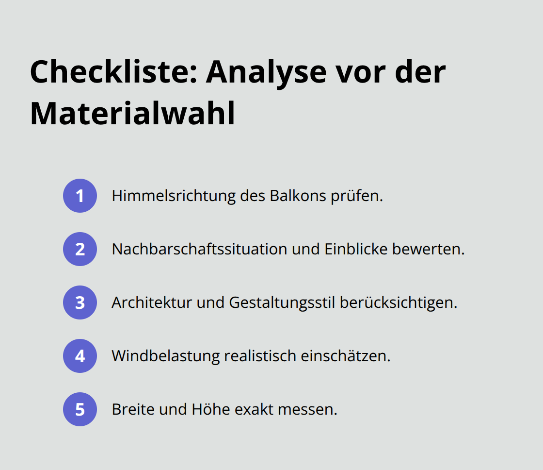 Kompakte Liste mit Analysepunkten für Balkonsichtschutz - Balkonsichtschutz Privat