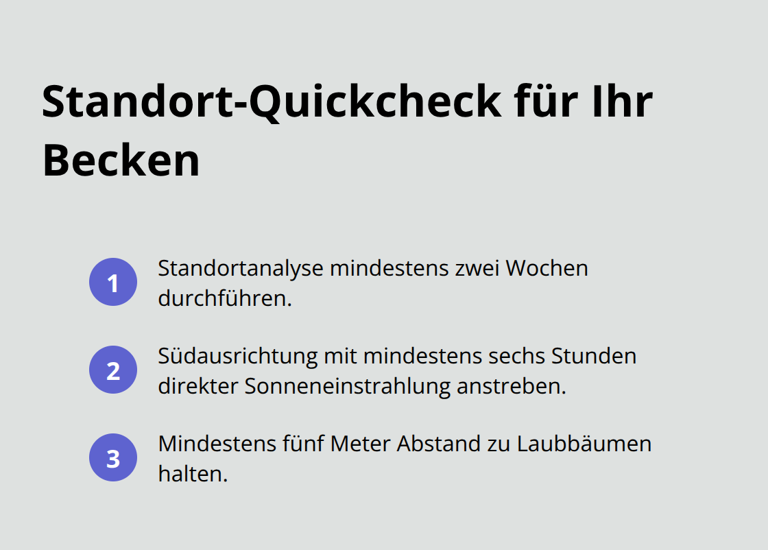 Kompakte Checkliste für Standortanalyse, Sonne und Baumabstand beim Privatbecken - Beckenbau Planung Privathaus