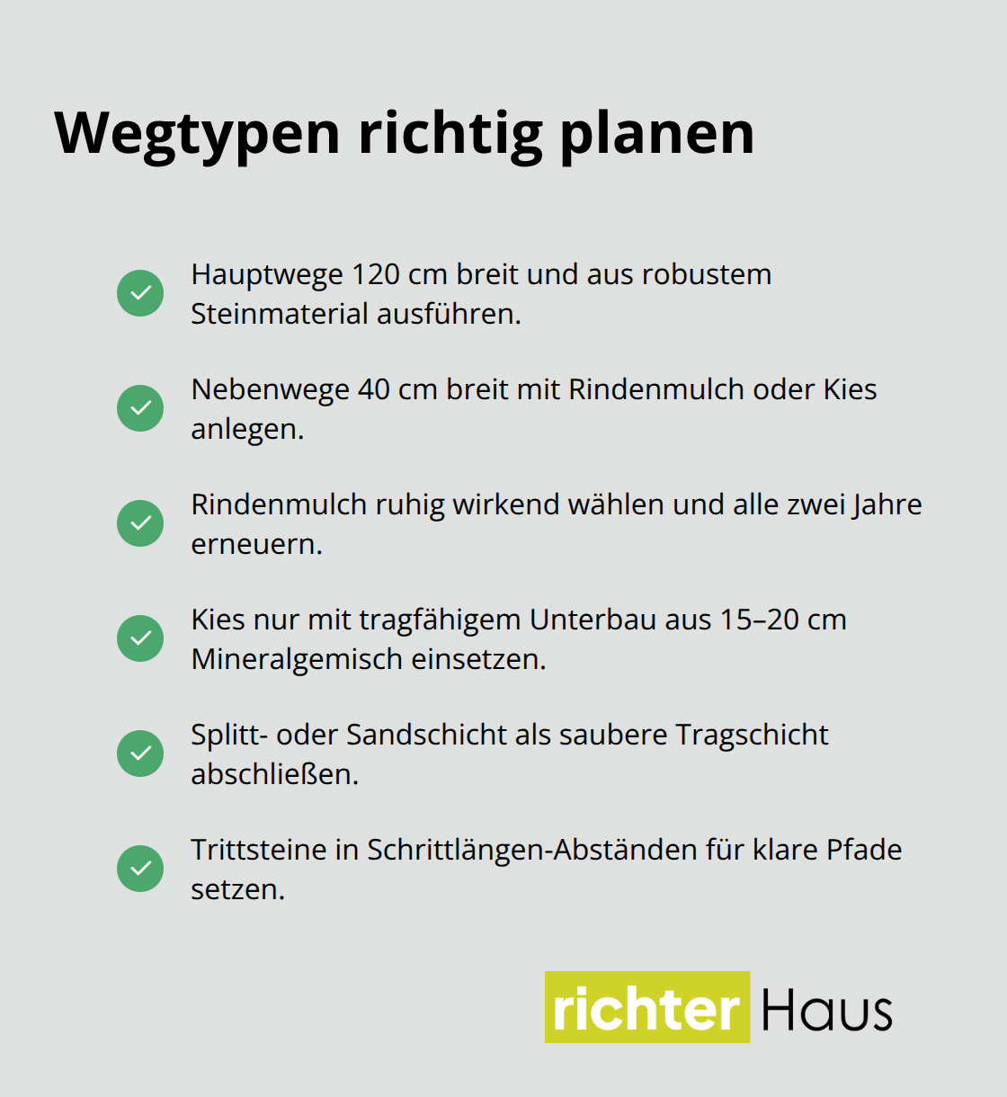 Checkliste für Haupt- und Nebenwege mit Materialien und Maßen - Beete und Wege zonieren