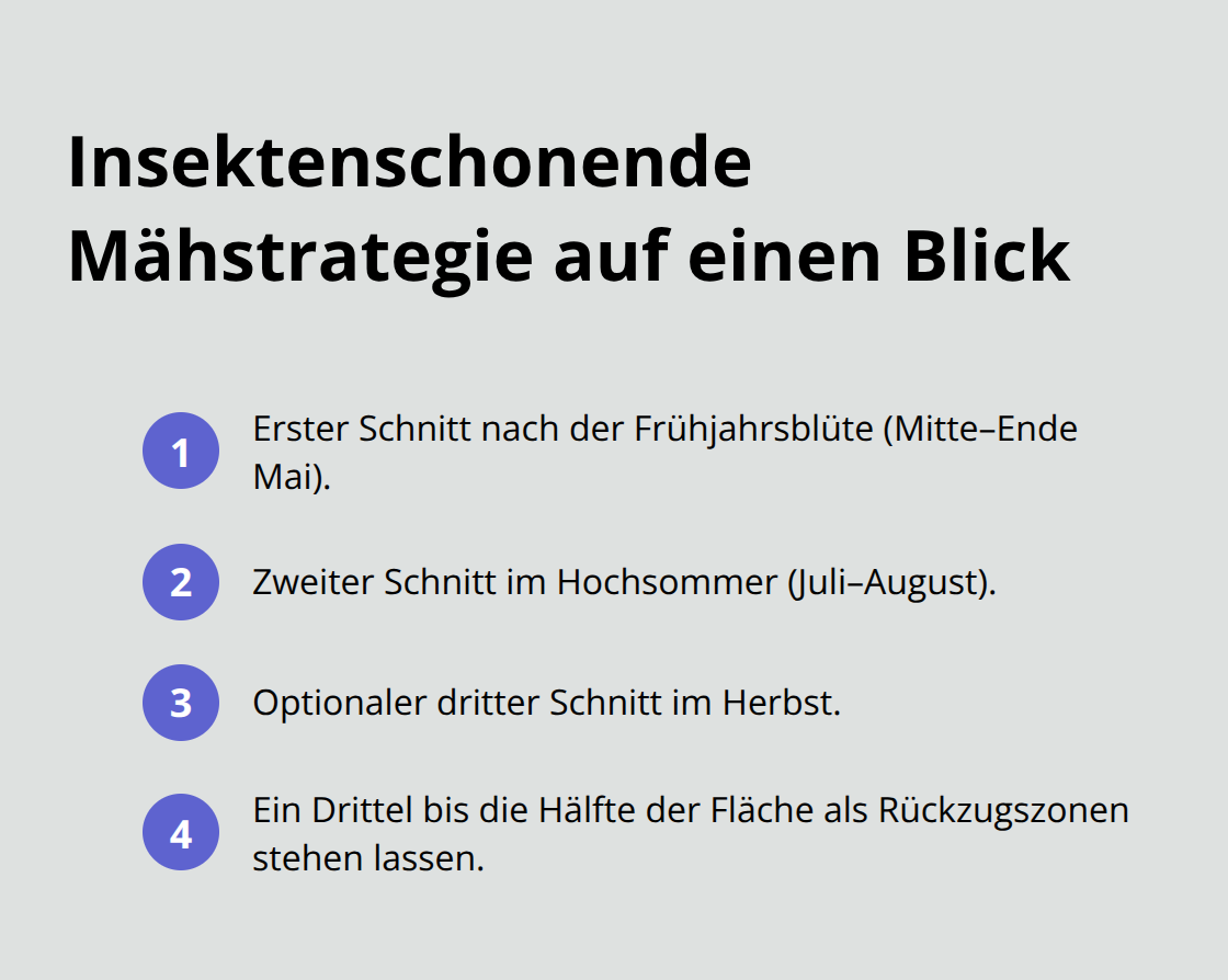 Kompakte Liste der Schnitte und Maßnahmen für insektenfreundliches Mähen.