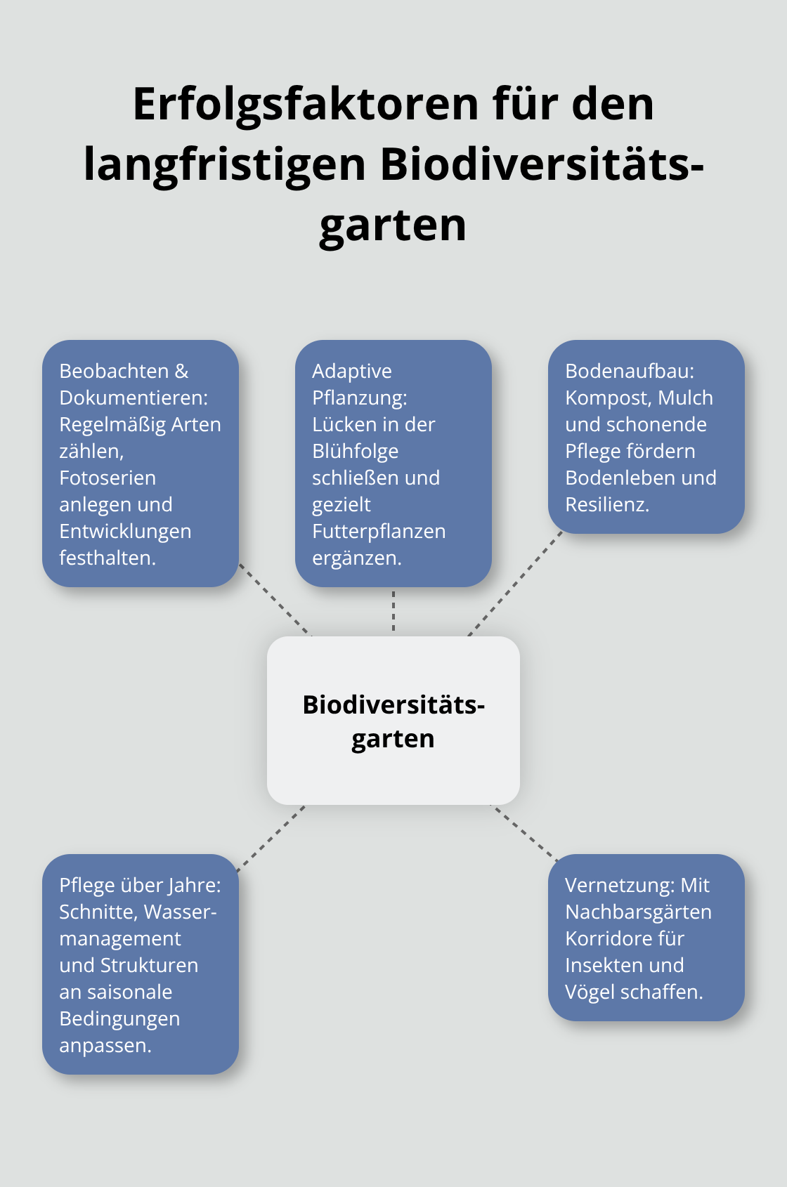 Hub-and-Spoke-Grafik zu Beobachtung, Pflege, Boden, Pflanzung und Vernetzung. - Begrünte Lebensräume Biodiversität
