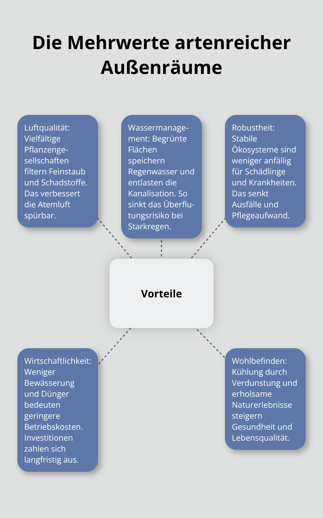 Hub-and-Spoke-Grafik zu ökologischen und praktischen Vorteilen artenreicher Außenräume