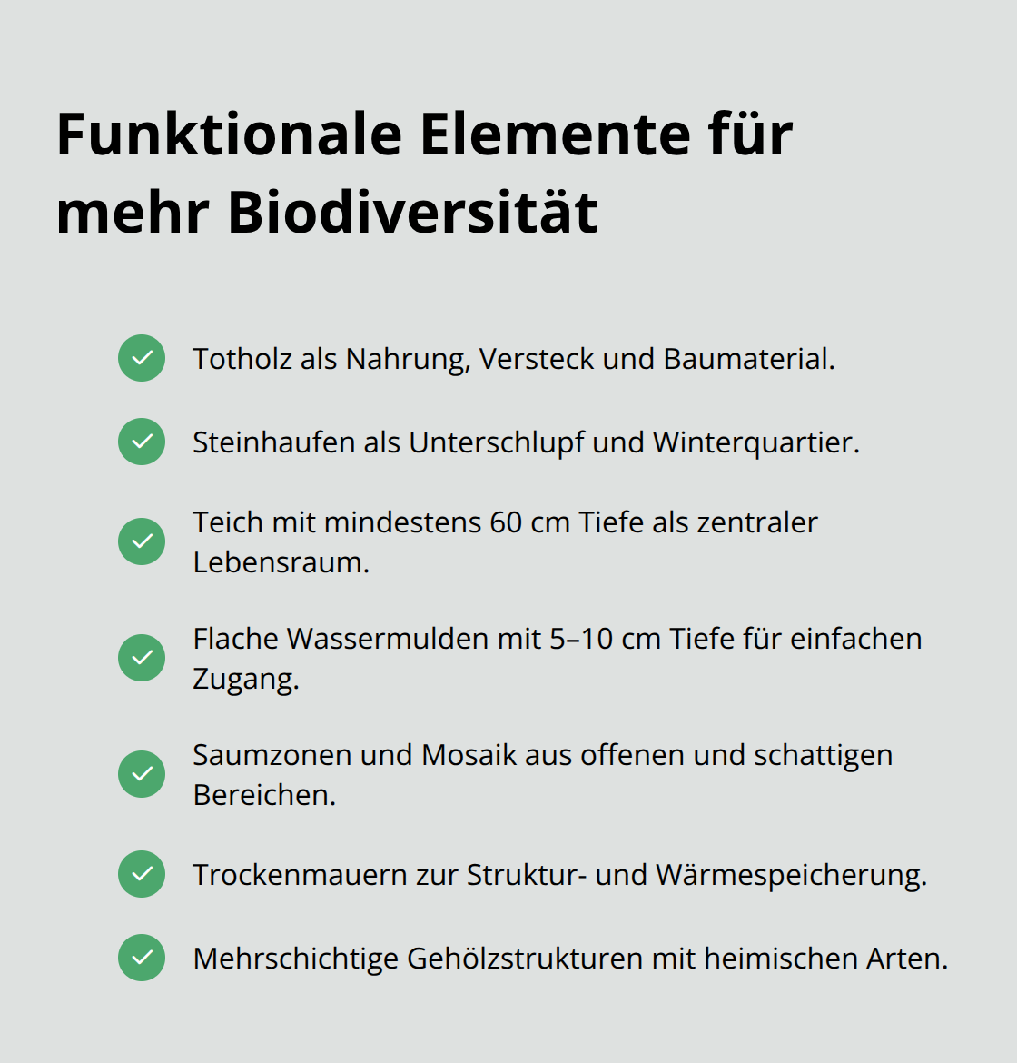 Checklisten-Grafik mit zentralen Struktur-Elementen für naturnahe Gärten - Biodiversität Außenräume Konzept