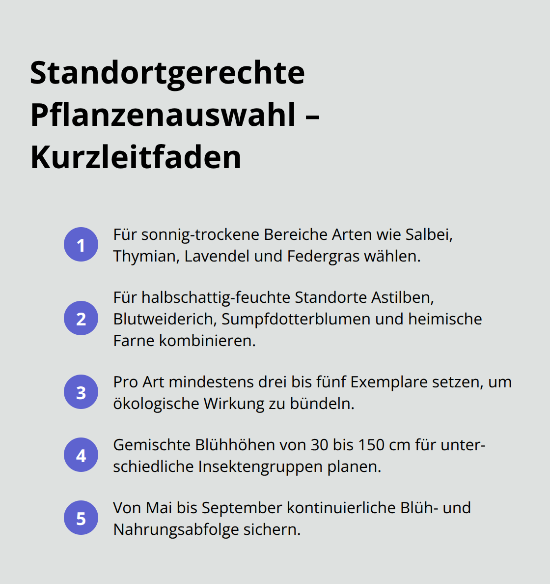 Kompakte Liste mit Leitlinien zur standortgerechten Pflanzenauswahl - Biodiversität Außenräume Konzept