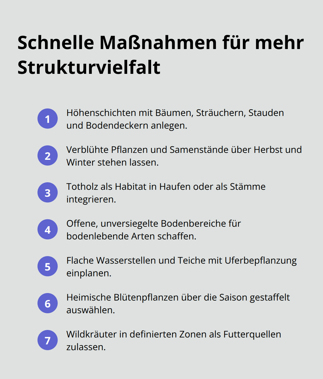 Kompakte Liste mit Maßnahmen für mehr Strukturvielfalt im Garten - Biodiversität Garten Gestaltung Tipps