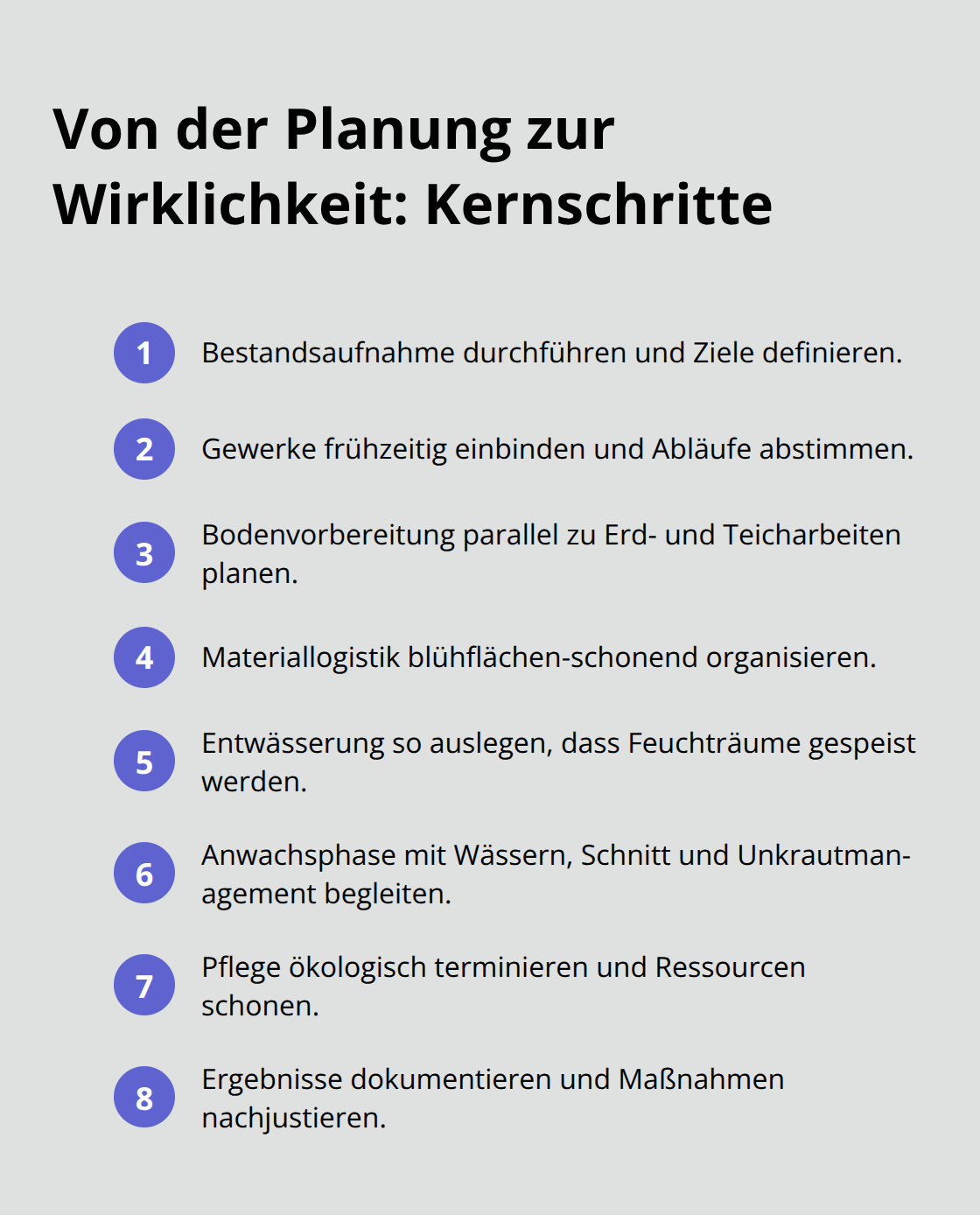 Kompakte Liste zentraler Schritte für die Umsetzung biodiverser Gartenprojekte - Biodiversität Garten Gestaltungsansatz Praxis