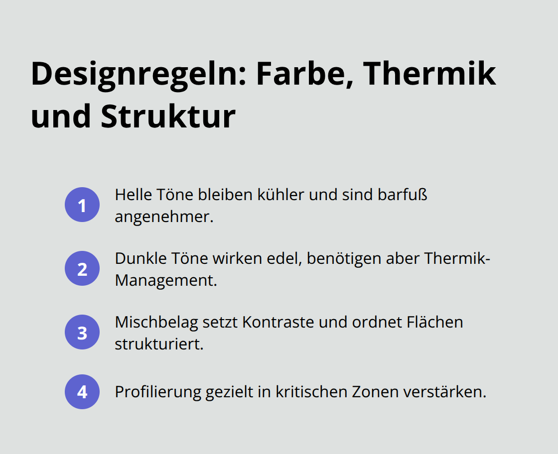 Kompakte Liste mit Gestaltungsregeln für sichere und ästhetische Außenbeläge. - Bodenbelag Rutschfest