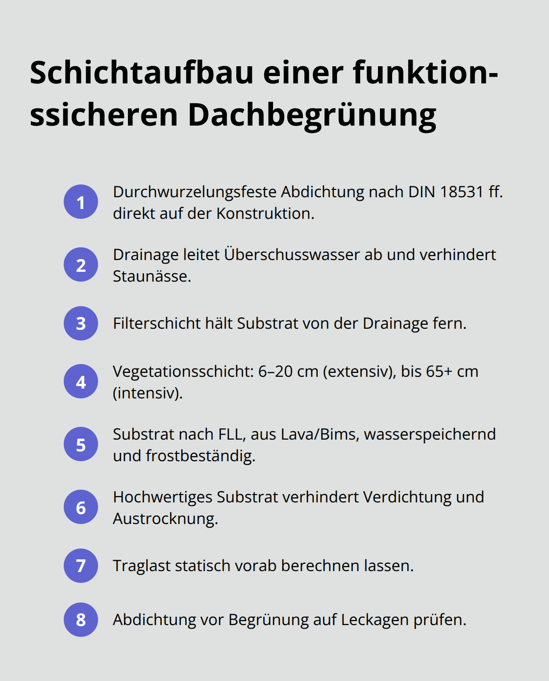 Kompaktübersicht der Schichten von Abdichtung bis Vegetationsschicht - Dachbegrünung Flächige Gestaltung