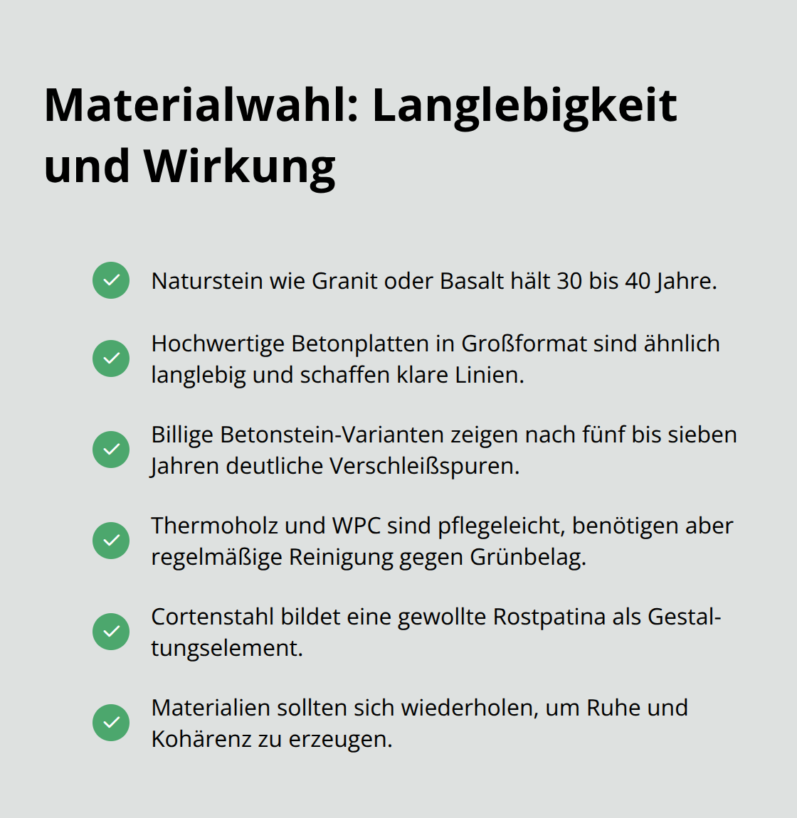 Checkliste zu Haltbarkeit und Wirkung zentraler Gartenmaterialien - Exklusive Gartenanlagen Planung