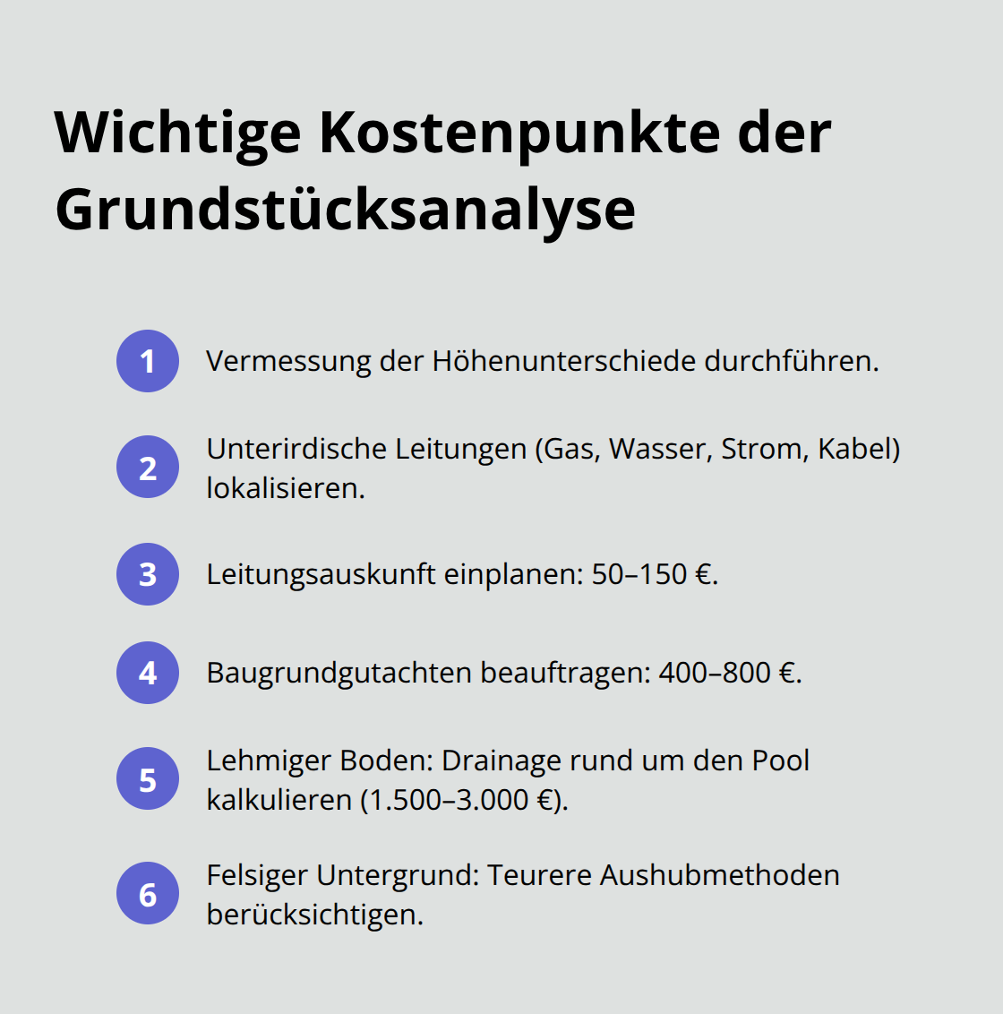 Kompakte Liste zentraler Kosten und Prüfpunkte der Grundstücksanalyse für den Poolbau - Exklusive Poolanlagen Planung