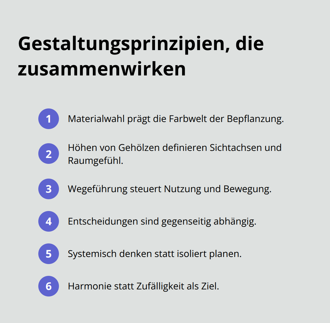 Kompakte Liste der zentralen Gestaltungsprinzipien und ihrer Wechselwirkungen im Garten - Ganzheitliche Gartenplanung Ablauf