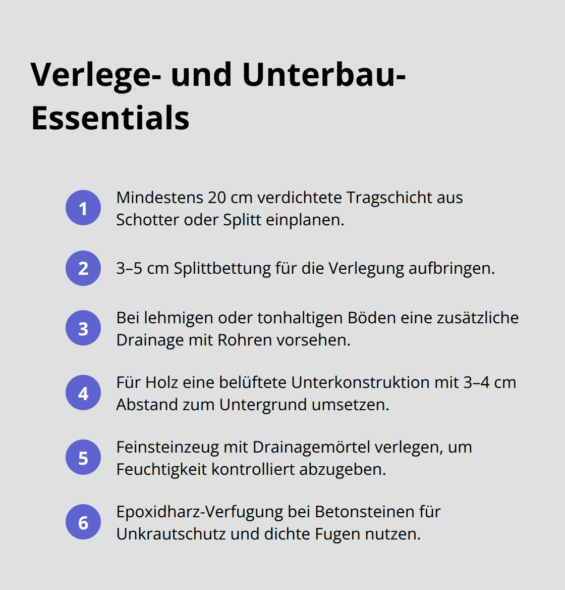 Kompakte Liste zentraler Schritte und Anforderungen für langlebige Gartenbeläge. - Gartenarchitektur Materialauswahl Beläge