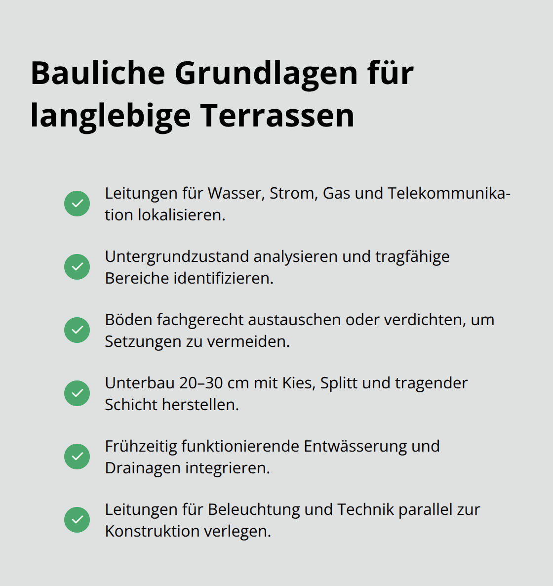 Checkliste für tragfähigen Unterbau, Entwässerung und Technik bei der Gartenrealisierung