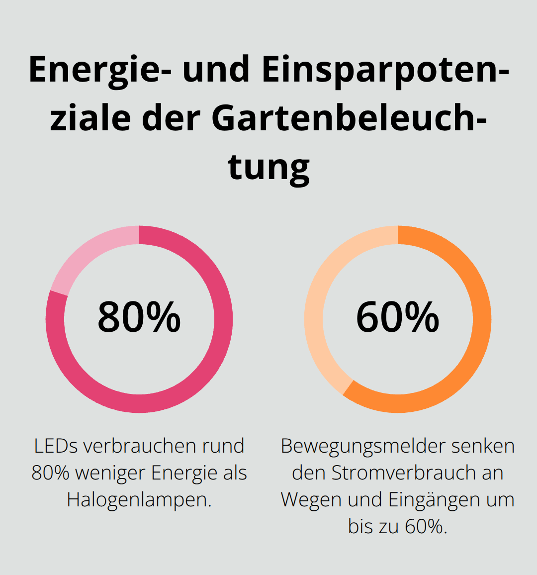 Visualisierung der wichtigsten Einsparwerte: LED spart 80% Energie, Bewegungsmelder sparen bis zu 60% Strom. - Gartenbeleuchtung Konzept Planung