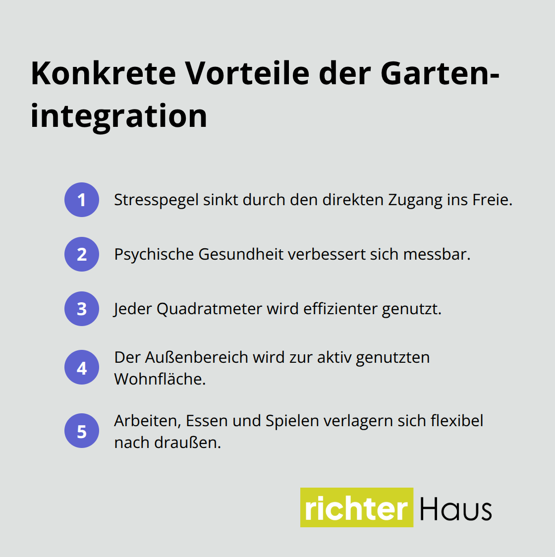 Kompakte Liste der Vorteile für Wohlbefinden und Nutzung im Alltag - gartenintegration im wohnkonzept planen