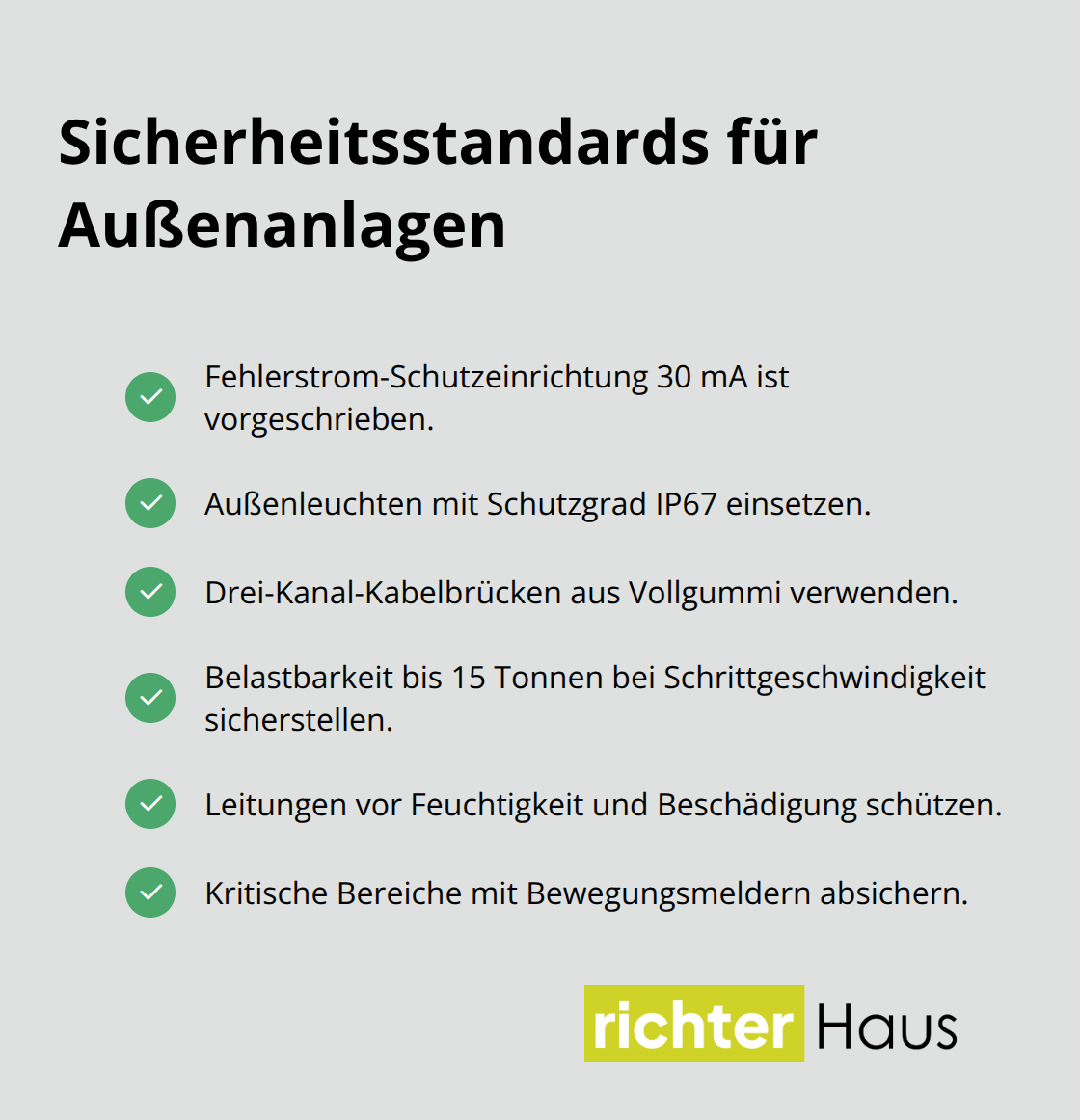 Checklisten-Grafik mit zentralen Sicherheitsmaßnahmen für Außenbeleuchtung