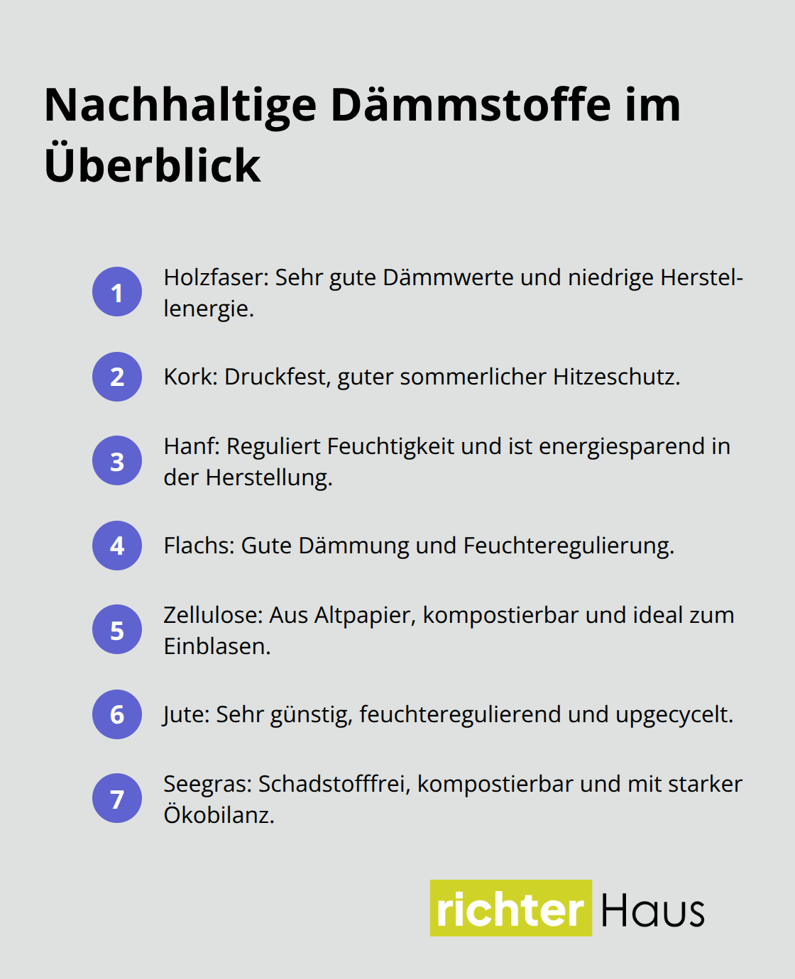Kompakte Liste ökologischer Dämmstoffe mit Kerneigenschaften - grün gedämmtes haus planen