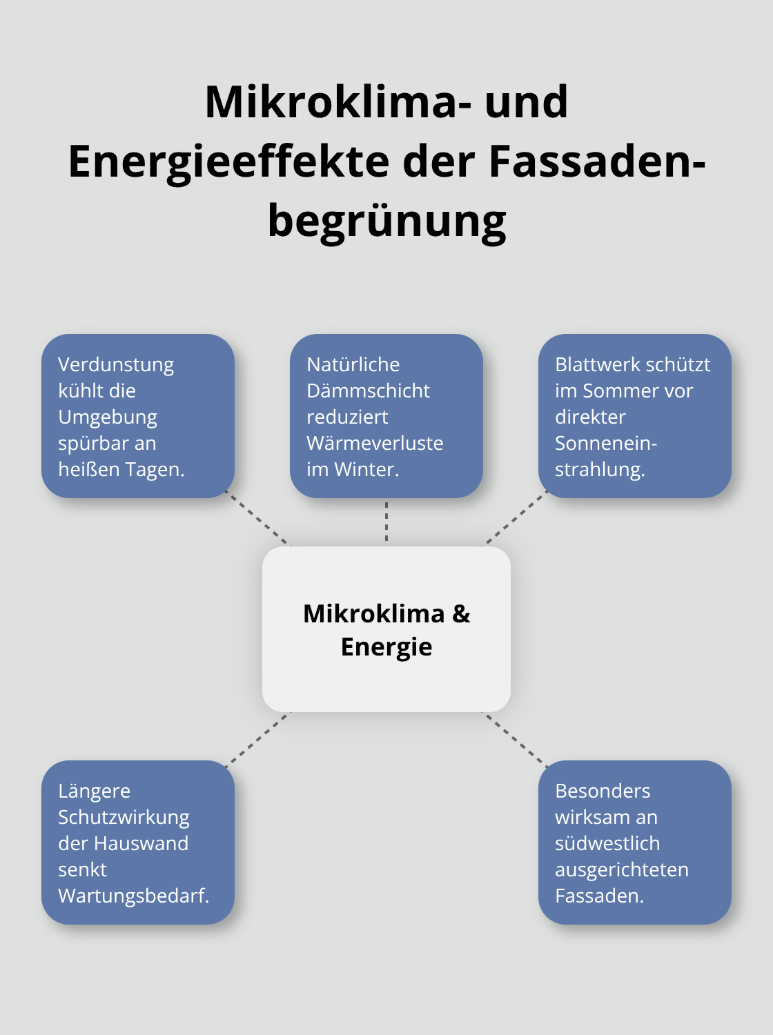 Hub-and-Spoke-Grafik: zentrale Wirkung der Begrünung mit Kühlung, Dämmung und Schutz. - Grüne Fassade