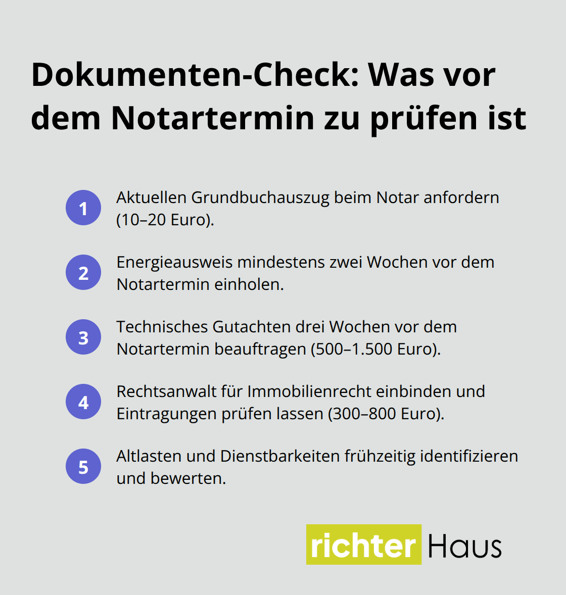Übersicht der wichtigsten Unterlagen und Fristen vor der notariellen Beurkundung - grundstück kauf prüfen zeitplan