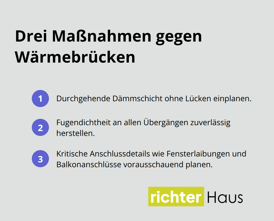 Kompakte Liste der drei wichtigsten Schritte zur Vermeidung von Wärmebrücken
