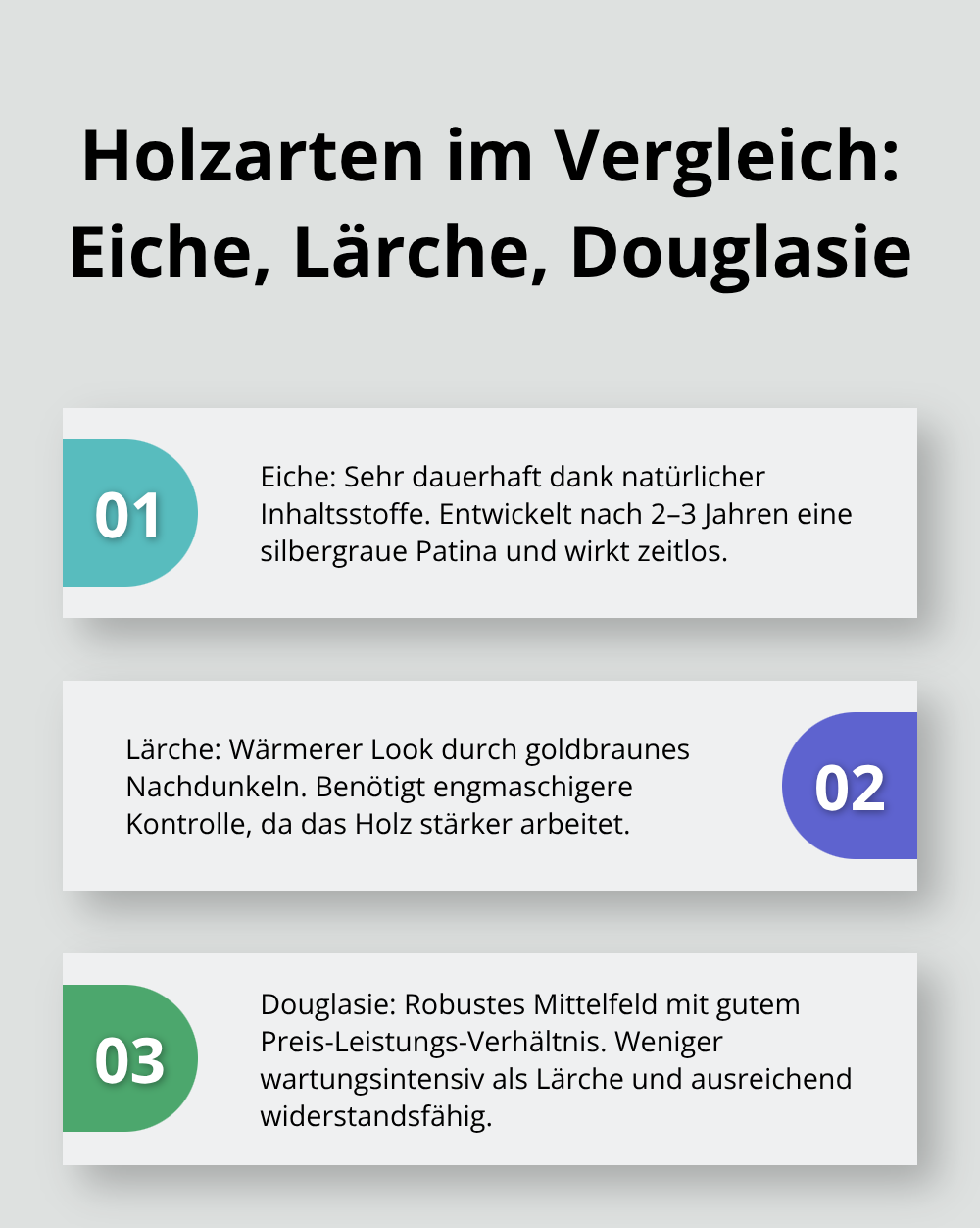 Drei Kernaussagen zu Eiche, Lärche und Douglasie für die Pergola-Wahl.