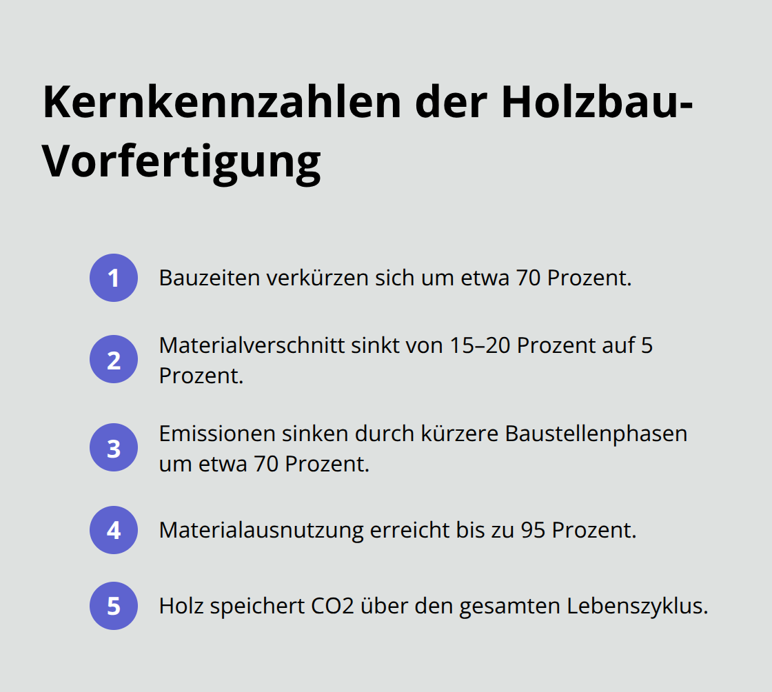 Kompakte Liste mit den wichtigsten Kennzahlen zu Zeit, Material und Emissionen - Holzbau Vorfertigung Vorteile