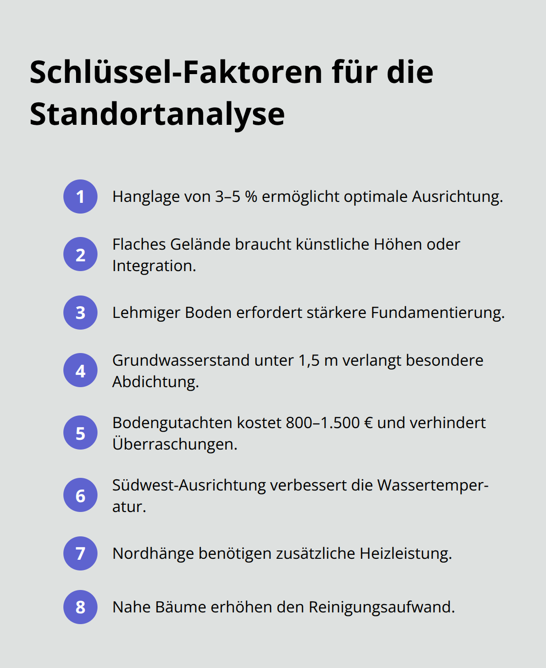 Kompakte Liste zentraler Standortfaktoren für die Infinity-Pool-Planung in Deutschland