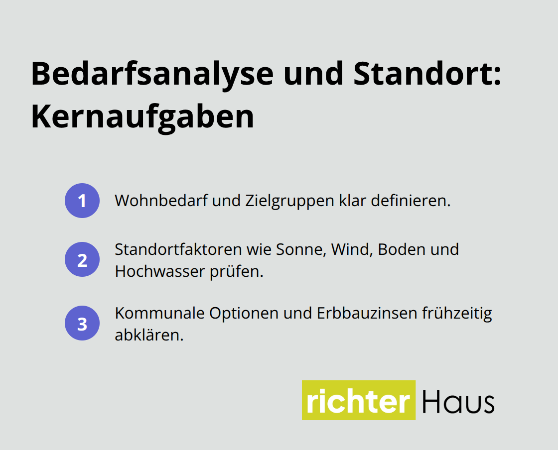 Kompakte Liste zentraler Aufgaben für Bedarfsanalyse und Standortbewertung bei nachhaltigen Wohnprojekten - lebenszyklus nachhaltiges wohnprojekt