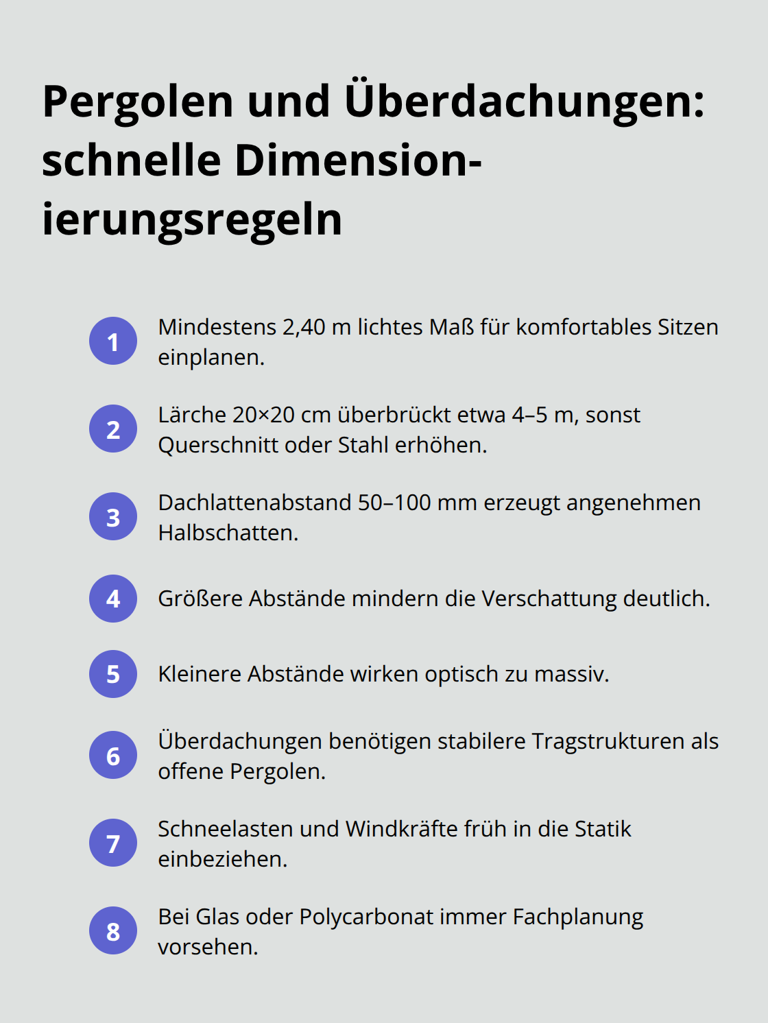Kompakte Liste zentraler Maße und Anforderungen für Pergolen und Überdachungen. - Moderne Holzkonstruktion Außenraum