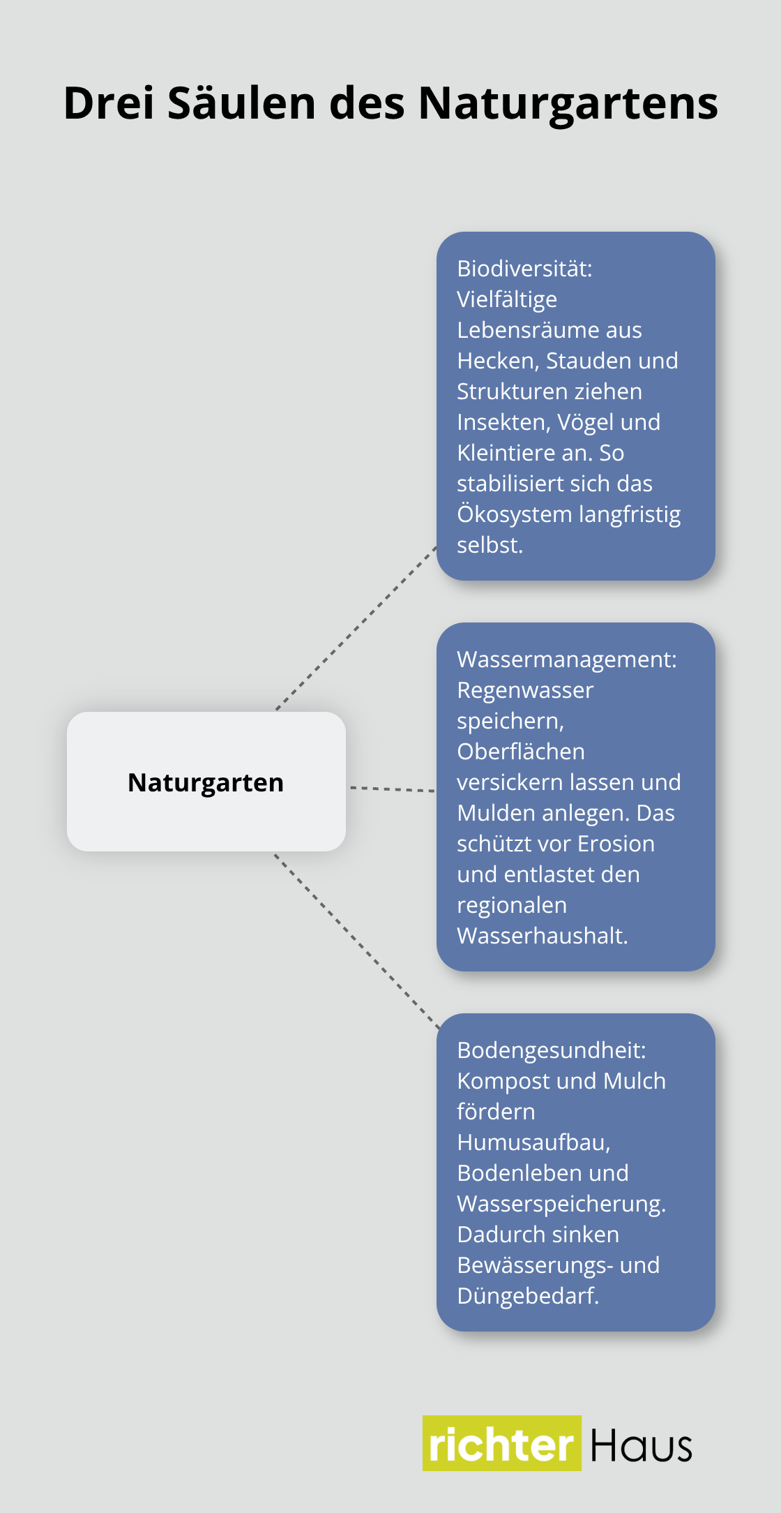 Visualisierung der drei Säulen eines naturnahen Gartens: Biodiversität, Wassermanagement und Bodengesundheit.