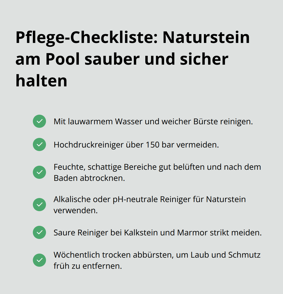 Checkliste mit den wichtigsten Pflege- und Reinigungsmaßnahmen für Naturstein-Poolumrandungen