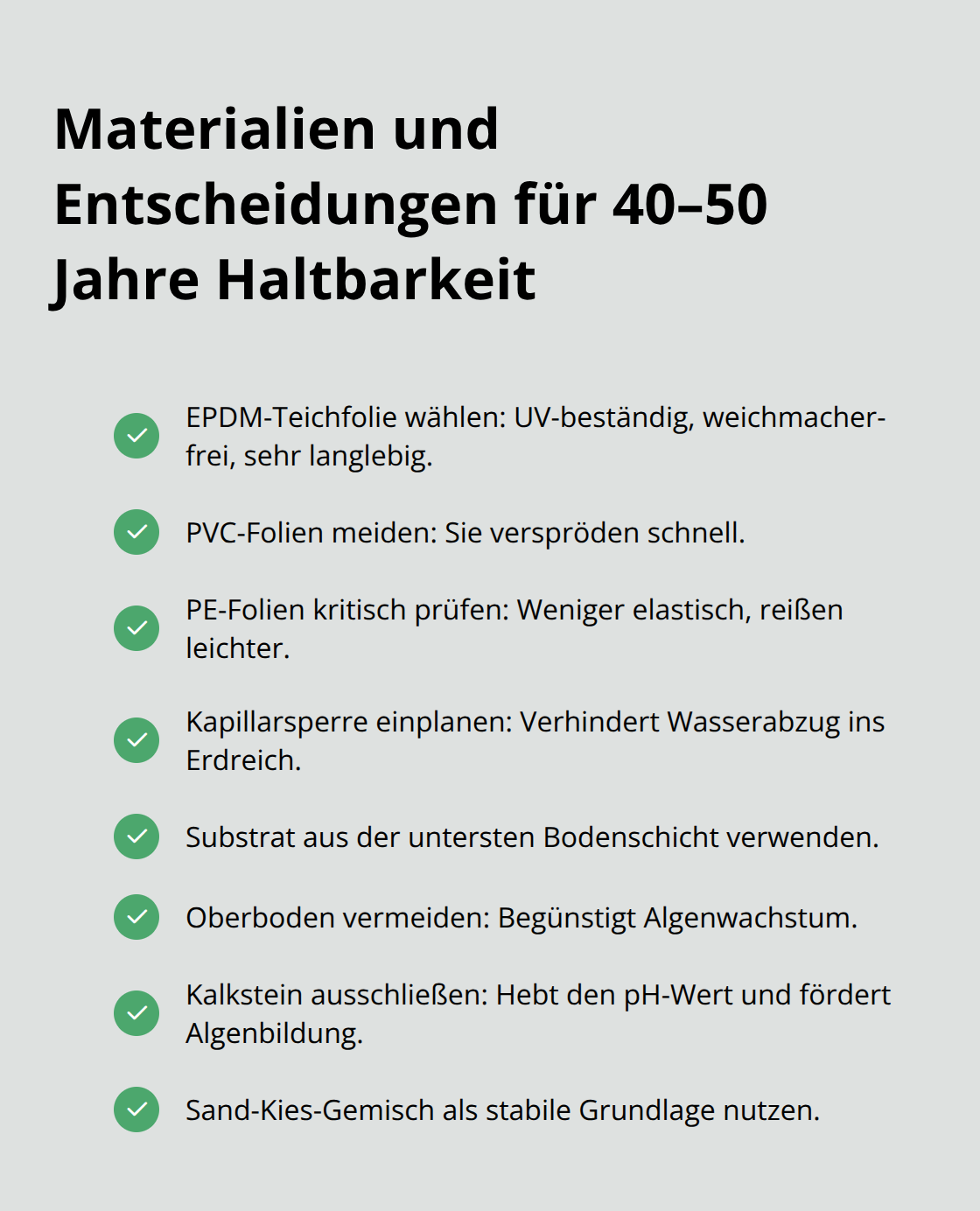 Checkliste der wichtigsten Materialempfehlungen und -verbote für langlebige Naturteiche - Naturteich Gestaltung Ideen