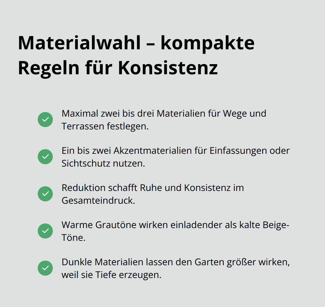 Checkliste für reduzierte Materialpalette und stimmige Farbwahl - Planung Außenanlagen Gesamtkonzept