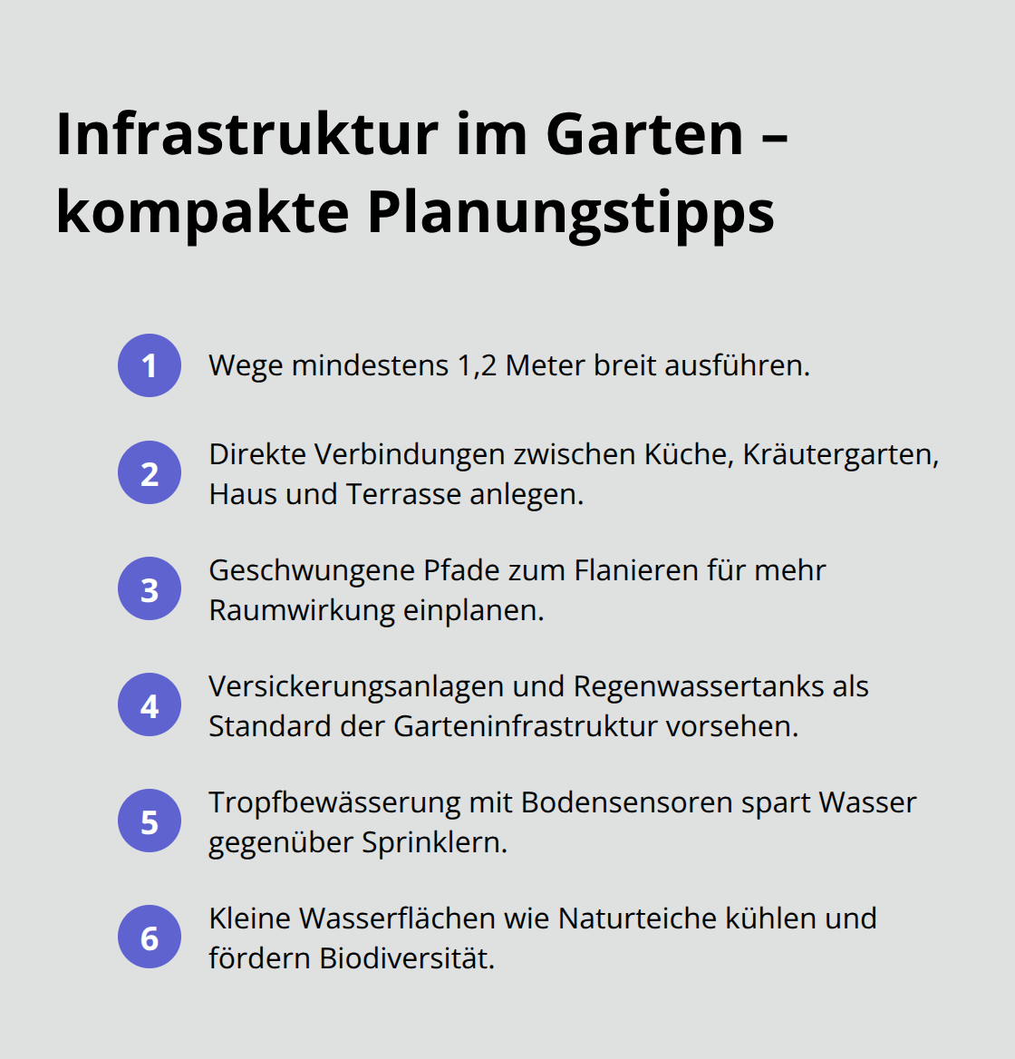 Geordnete Liste mit konkreten Maßnahmen zu Wegen, Wasser und Bewässerung