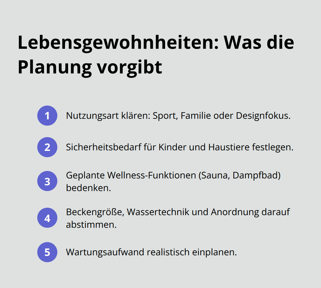 Kernfragen zu Nutzung, Sicherheit und Wellness, die Größe, Technik und Anordnung des Pools bestimmen. - Poolbau Ganzheitliche Beratung