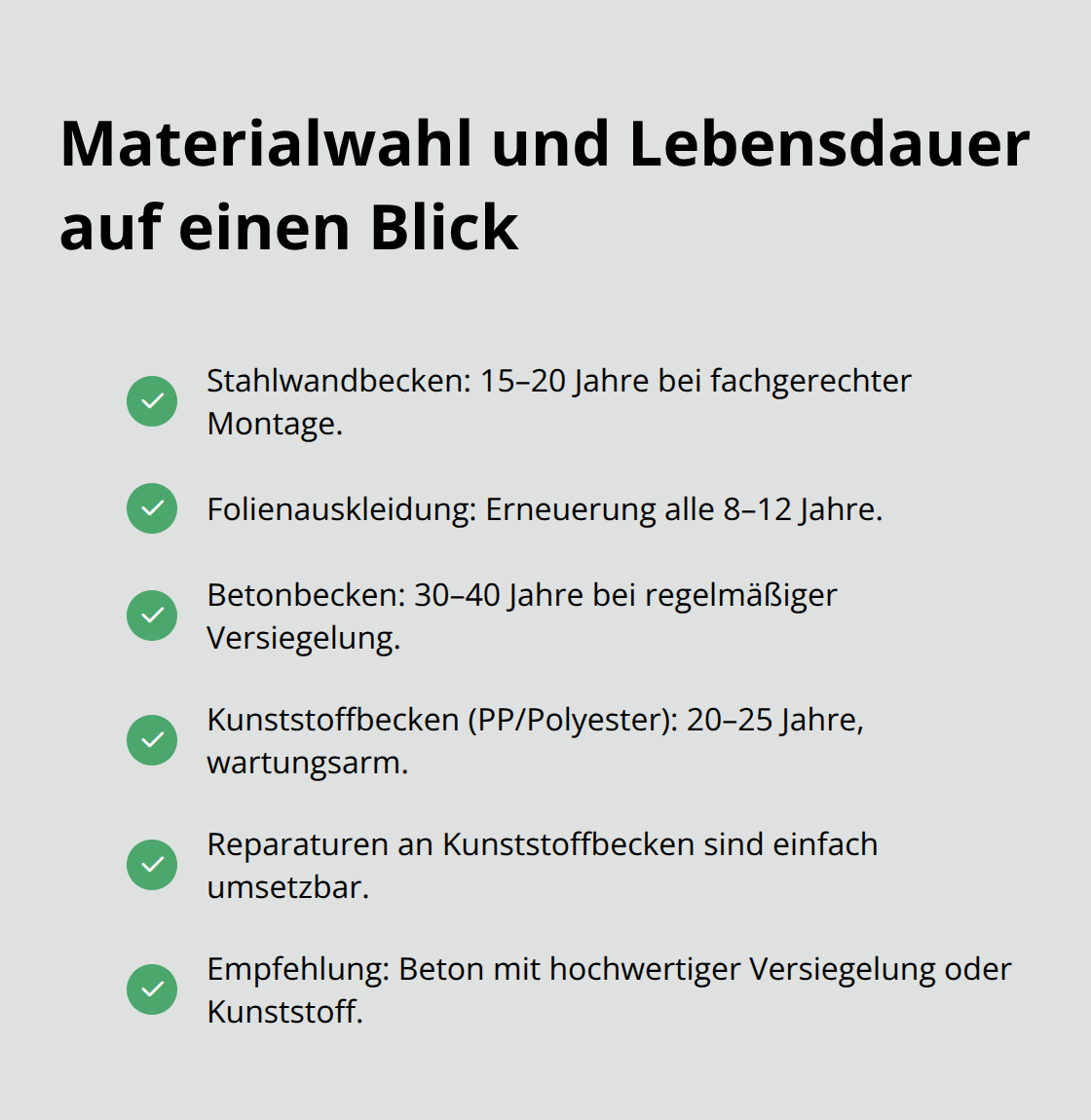 Vergleich der gängigen Beckenmaterialien mit typischer Lebensdauer und Wartung - Poolbau Technische Planung