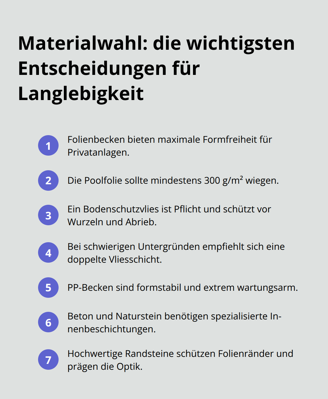 Kompakte Liste zentraler Materialentscheidungen für langlebige private Poolanlagen - Pooldesign Privatanlage Beratung