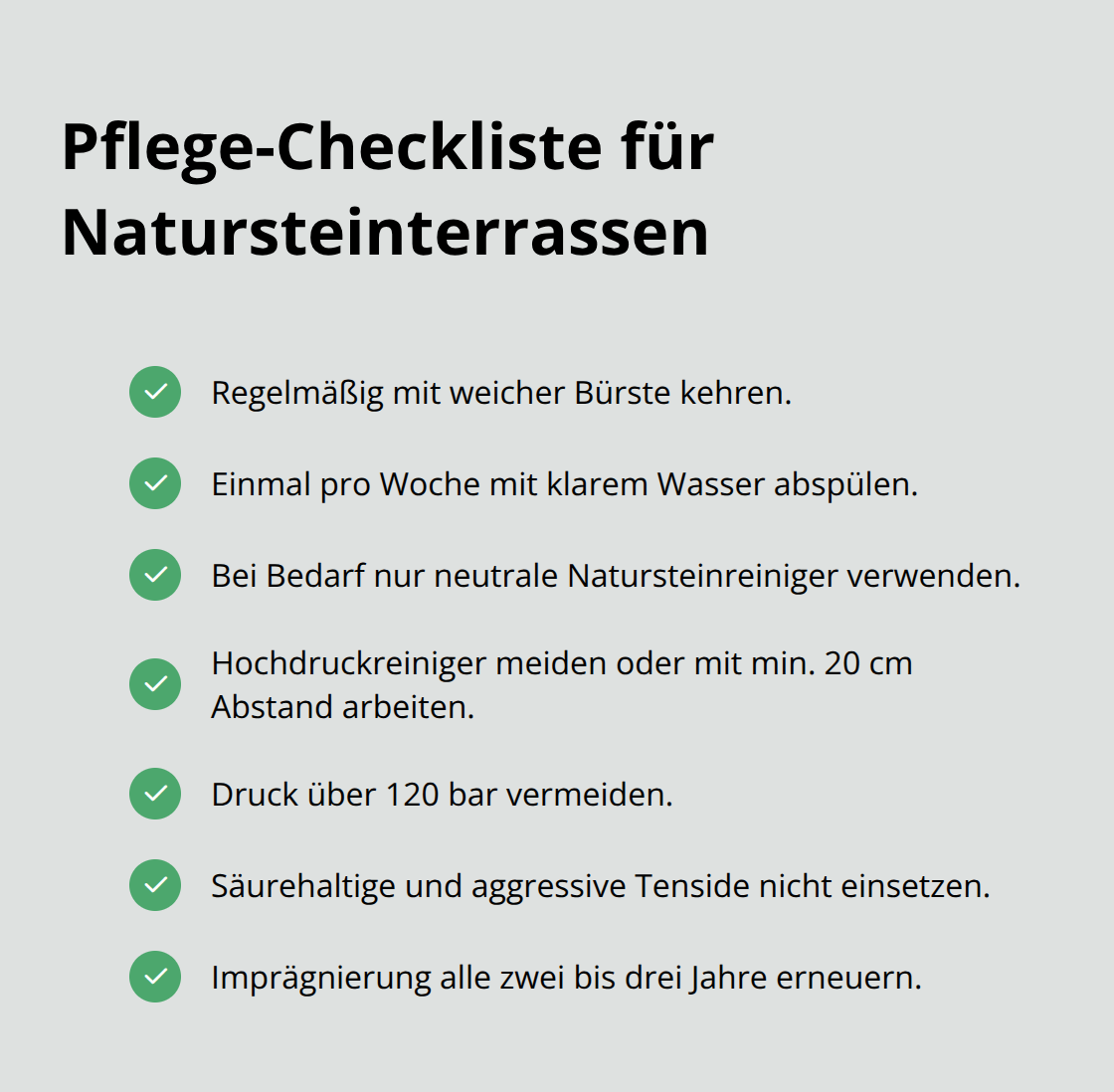Kurze Liste zentraler Pflege- und Reinigungsregeln für Naturstein - Premium Terrassenbelag Naturstein