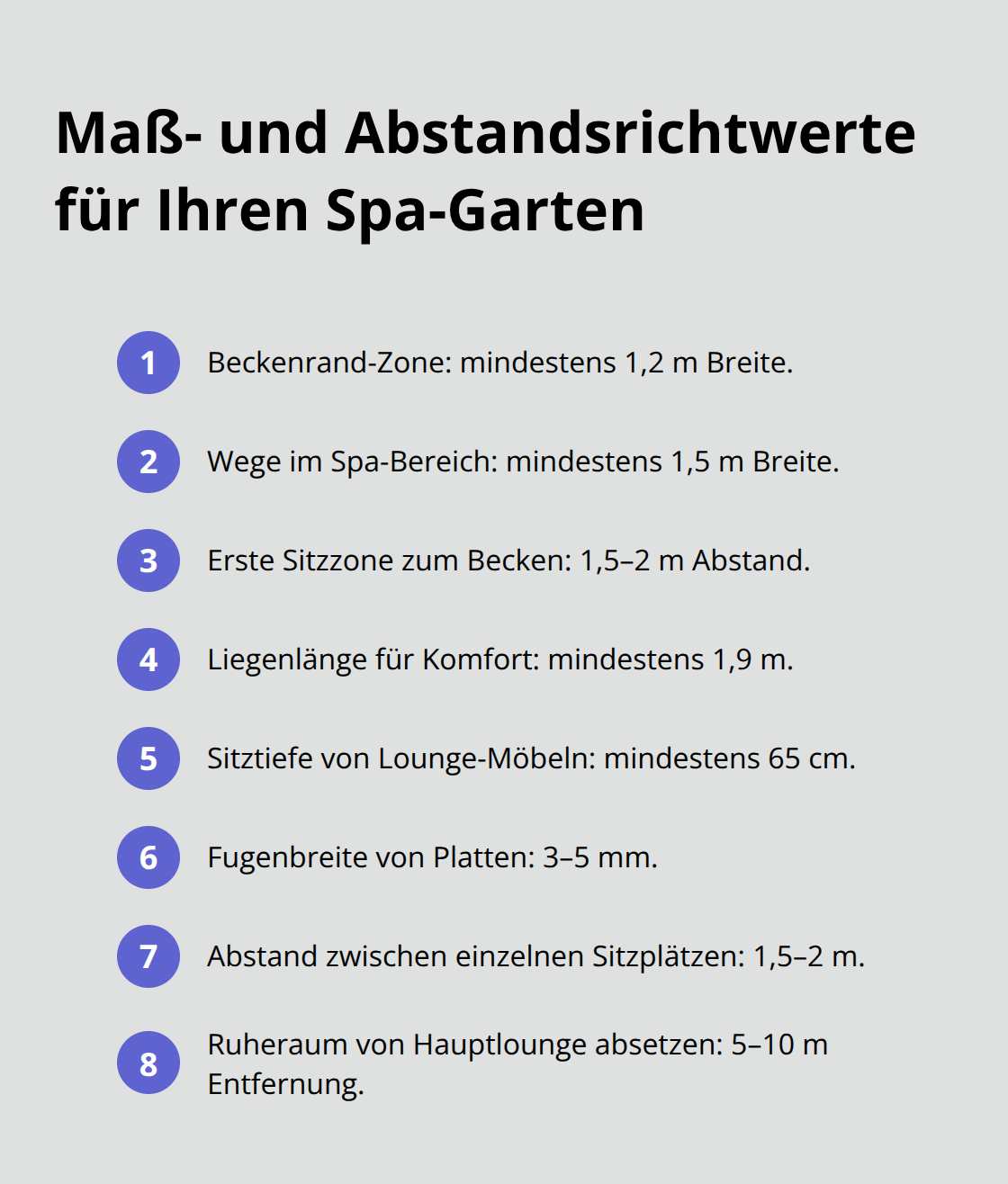 Kompakte Liste zentraler Maße und Abstände für Planung und Nutzung - Privater Garten Spa Bereich