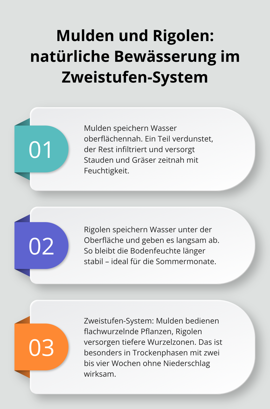 Dreiteilige Übersicht zu Mulden, Rigolen und dem Zweistufen-Prinzip - Regenwasser Planung Gartenberatung