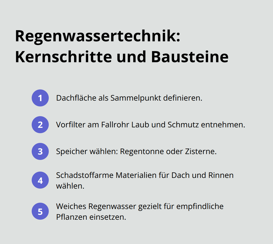 Überblick über die wichtigsten Schritte und Systembausteine der Regenwassertechnik im Garten - Regenwassertechnik Gartenplanung Konzepte
