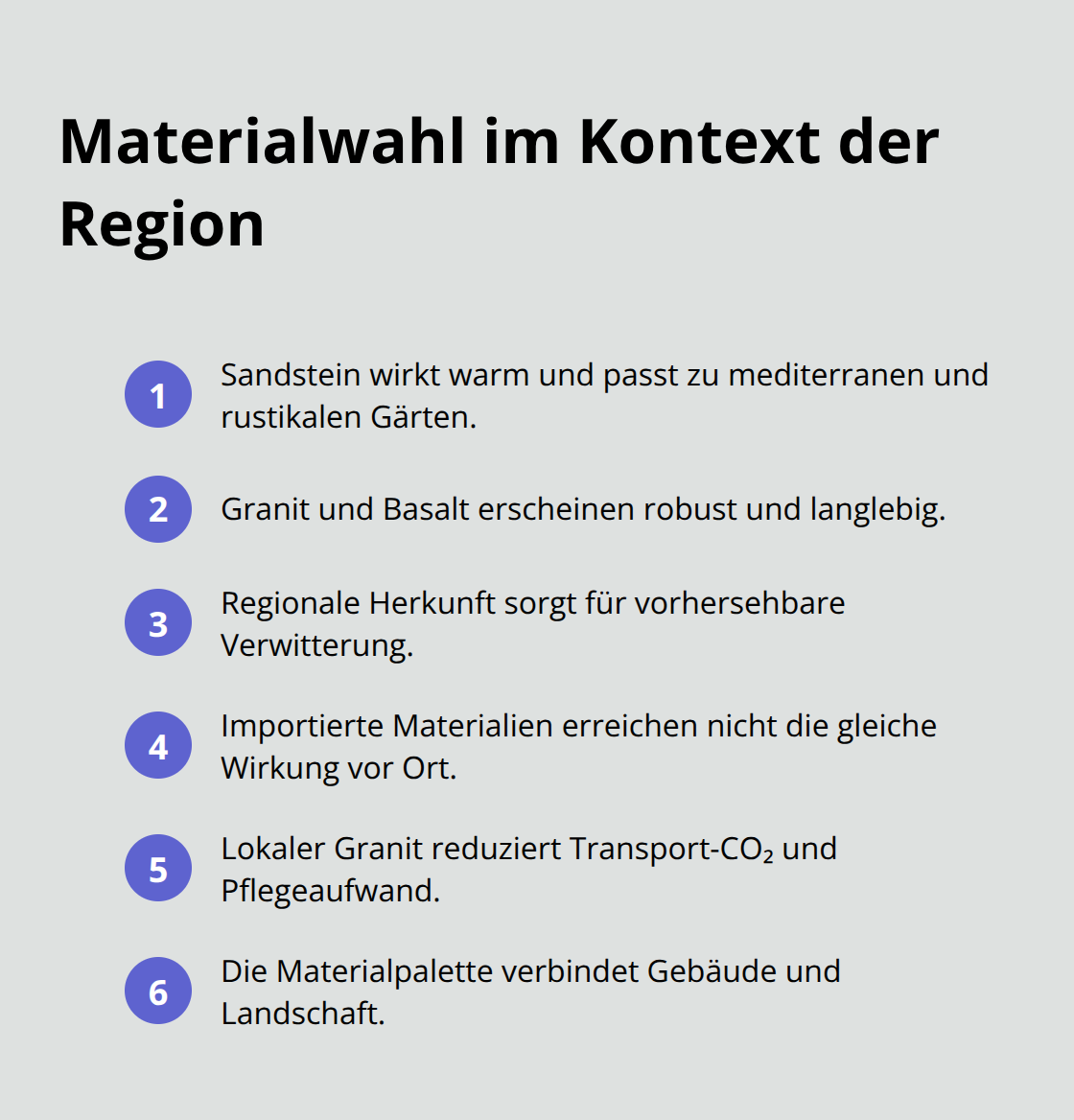Kompakte Liste zur regional passenden Materialwahl im Gartenbau
