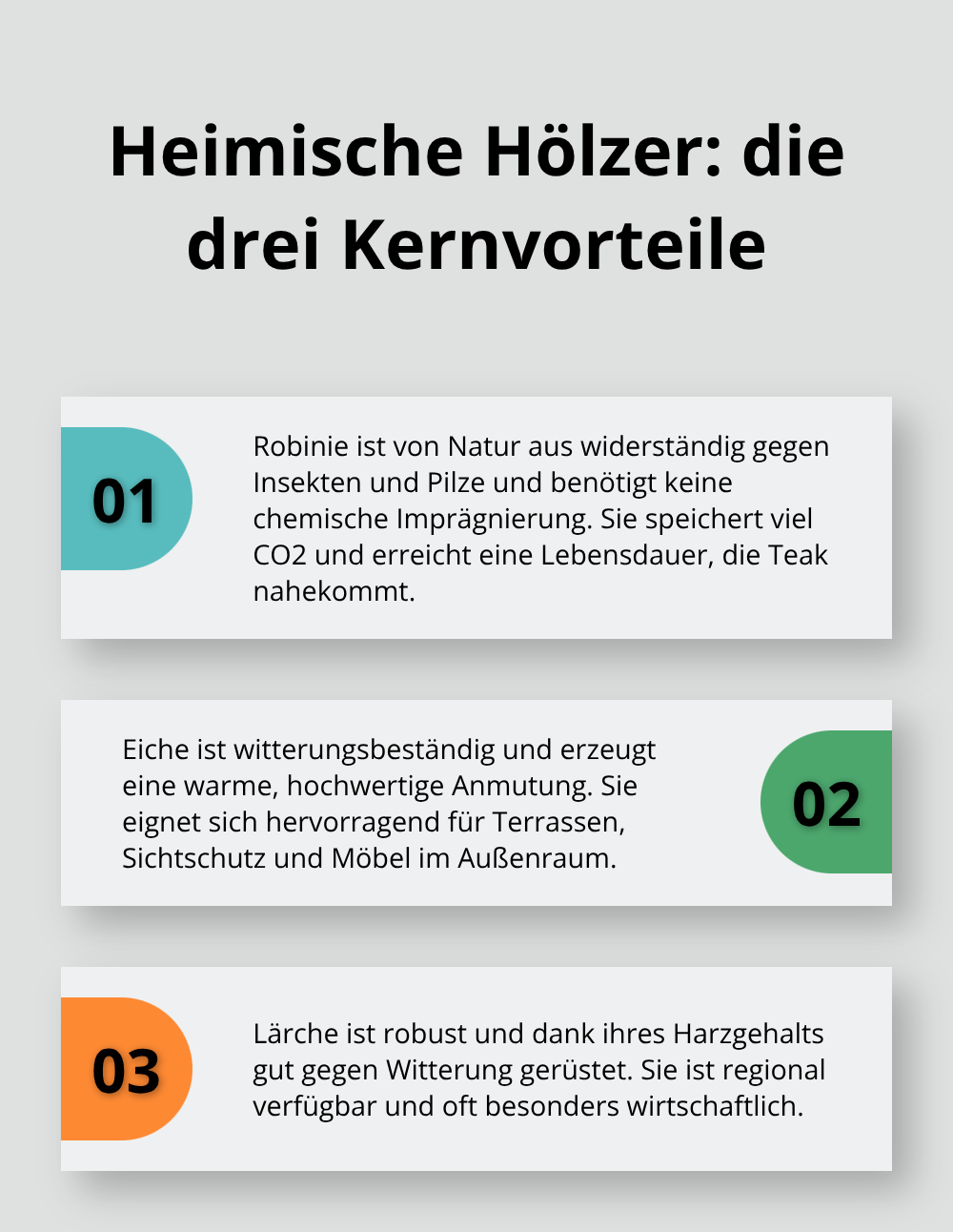 Infografik: Vorteile von Robinie, Eiche und Lärche für den Gartenbau in Deutschland - Regionale Materialien Gartenbau Konzepte