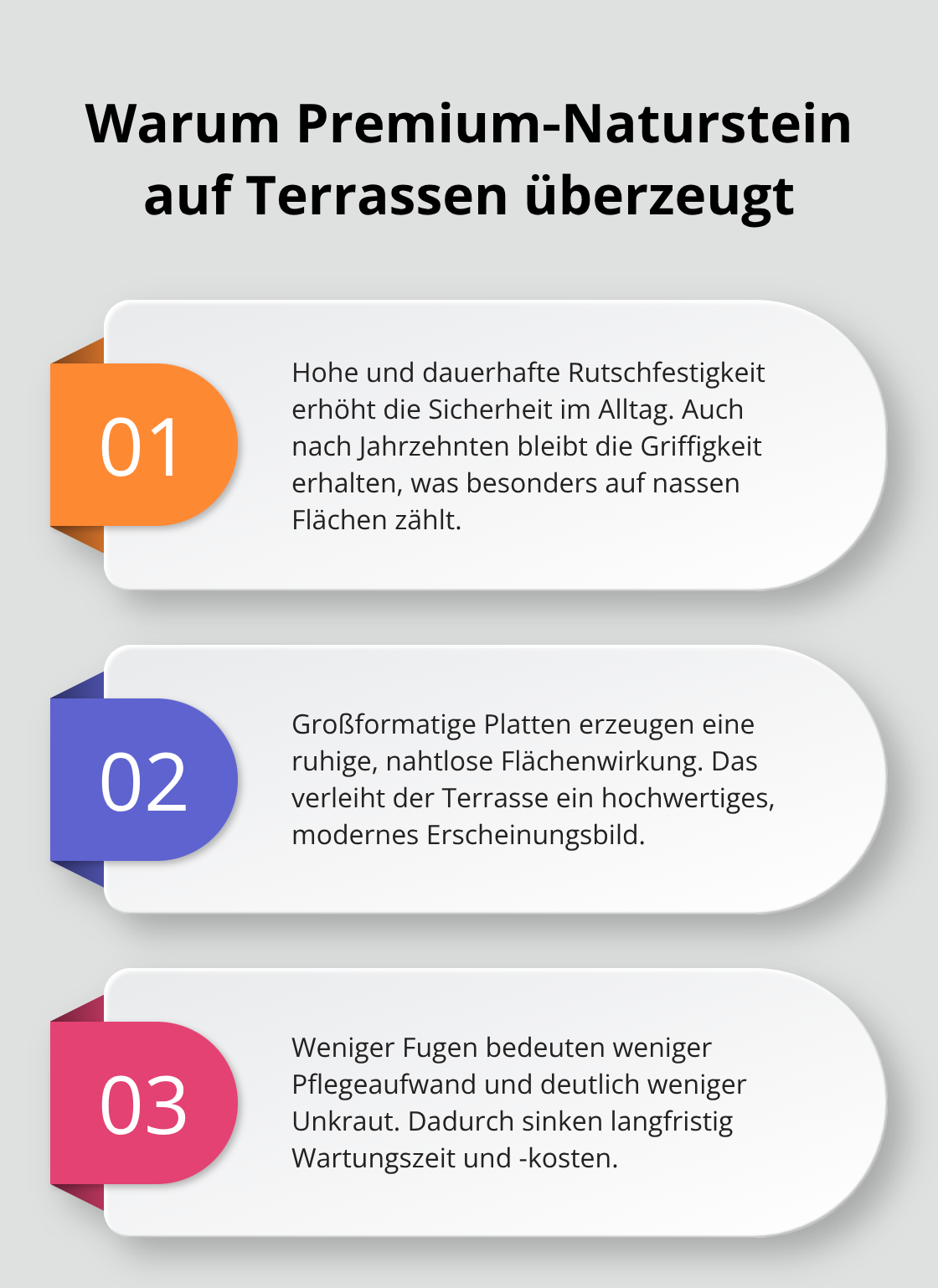 Drei Kernvorteile von Premium‑Naturstein auf Terrassen: Sicherheit, Optik, Wartung.