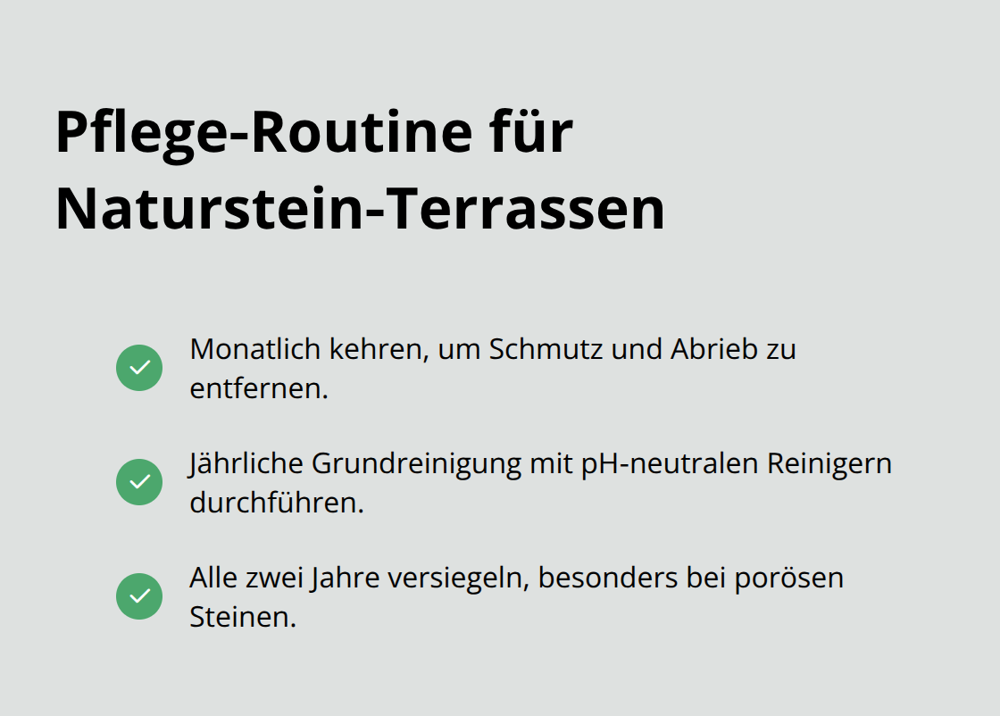 Checkliste mit drei einfachen Pflege‑Schritten für Naturstein‑Terrassen. - Terrassengestaltung Premium Naturstein