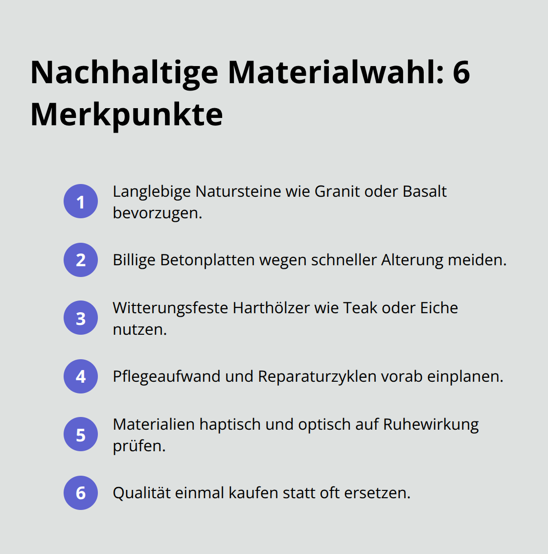 Kompakte Merkliste für langlebige, nachhaltige Materialien im Wellness-Garten - Wellnes im Garten Zone Planung